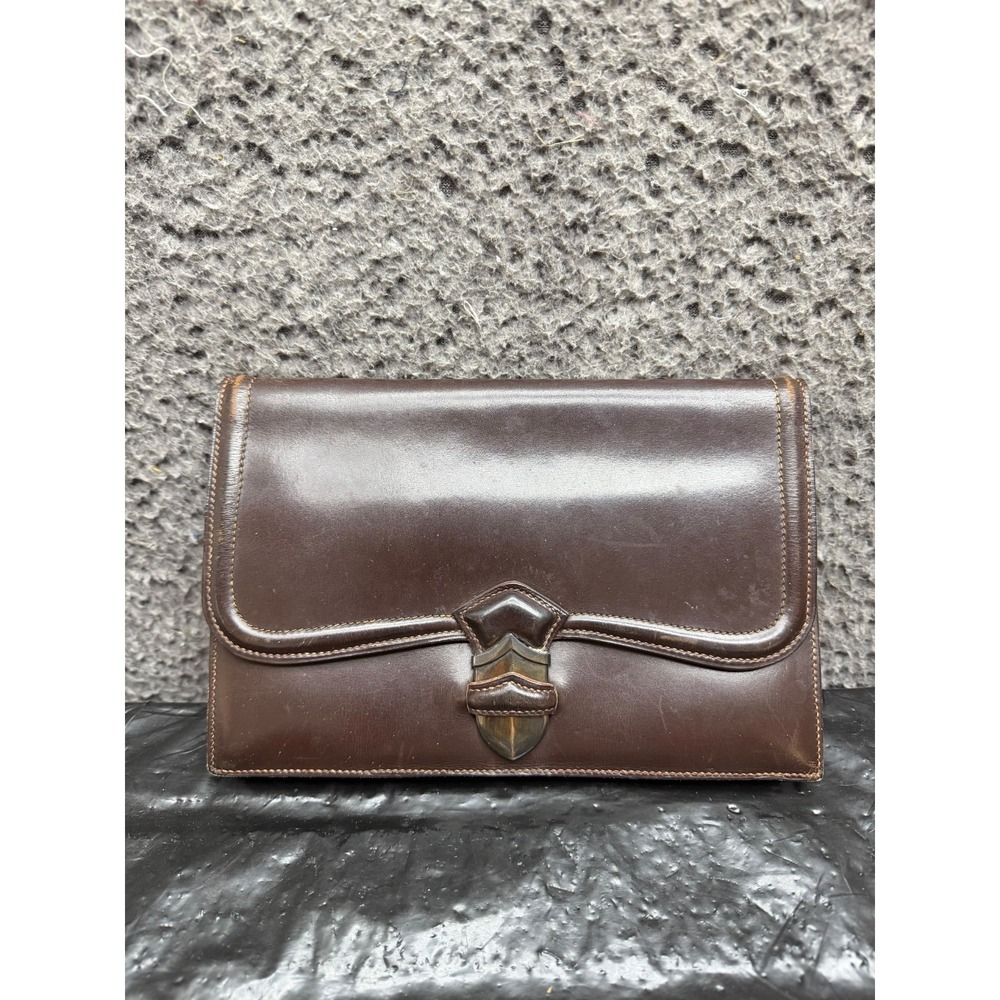 Vintage 70's Hermes Paris Leather Pan Clutch Bag Brown Art Deco